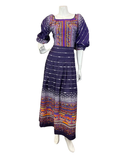 VINTAGE 60s 70s PURPLE BLUE PINK GEOMETRIC DAISY PUFF SLEEVE MAXI DRESS 10 12