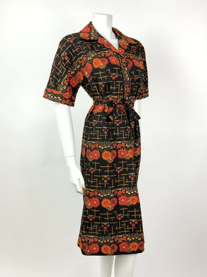 VINTAGE 60s 70s BLACK ORANGE RED BEIGE FLORAL DAISY BELTED SHIRT DRESS 12 14