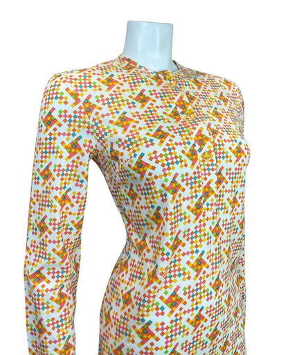 VINTAGE 60s 70s WHITE ORANGE RED BLUE PIXEL CHECKED GEOMETRIC MOD MIDI DRESS 8