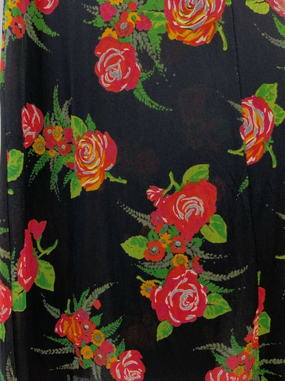 VINTAGE 60s 70s BLACK RED GREEN FLORAL ROSE BOUQUET SLEEVELESS MAXI DRESS 10 12