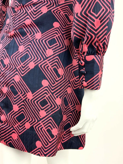 AMAZING VINTAGE 60s 70s NAVY BLUE PINK GEOMETRIC LATTICE MOD DRESS 10