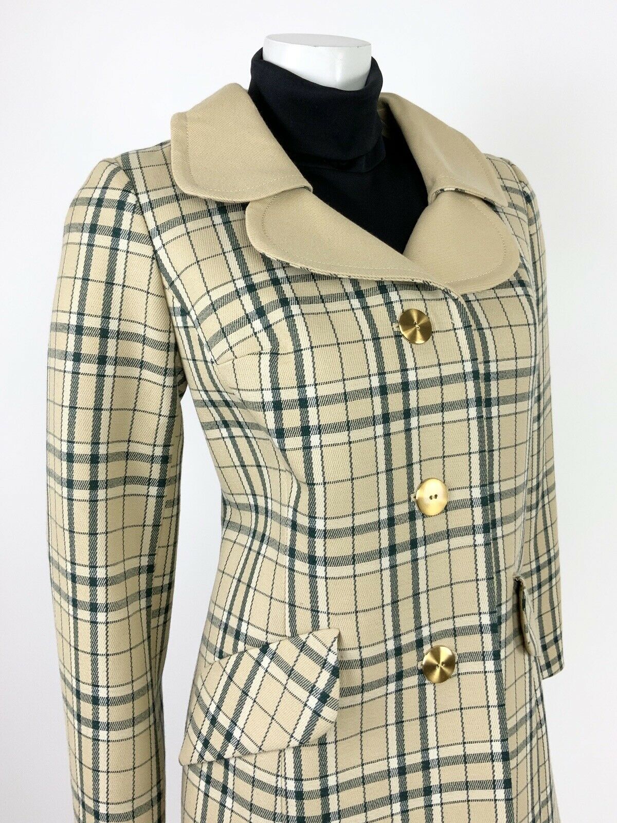 VINTAGE 60s 70s GREEN WHITE BEIGE GOLD PLAID TARTAN LUCIE LINDEN COAT 10 12 14