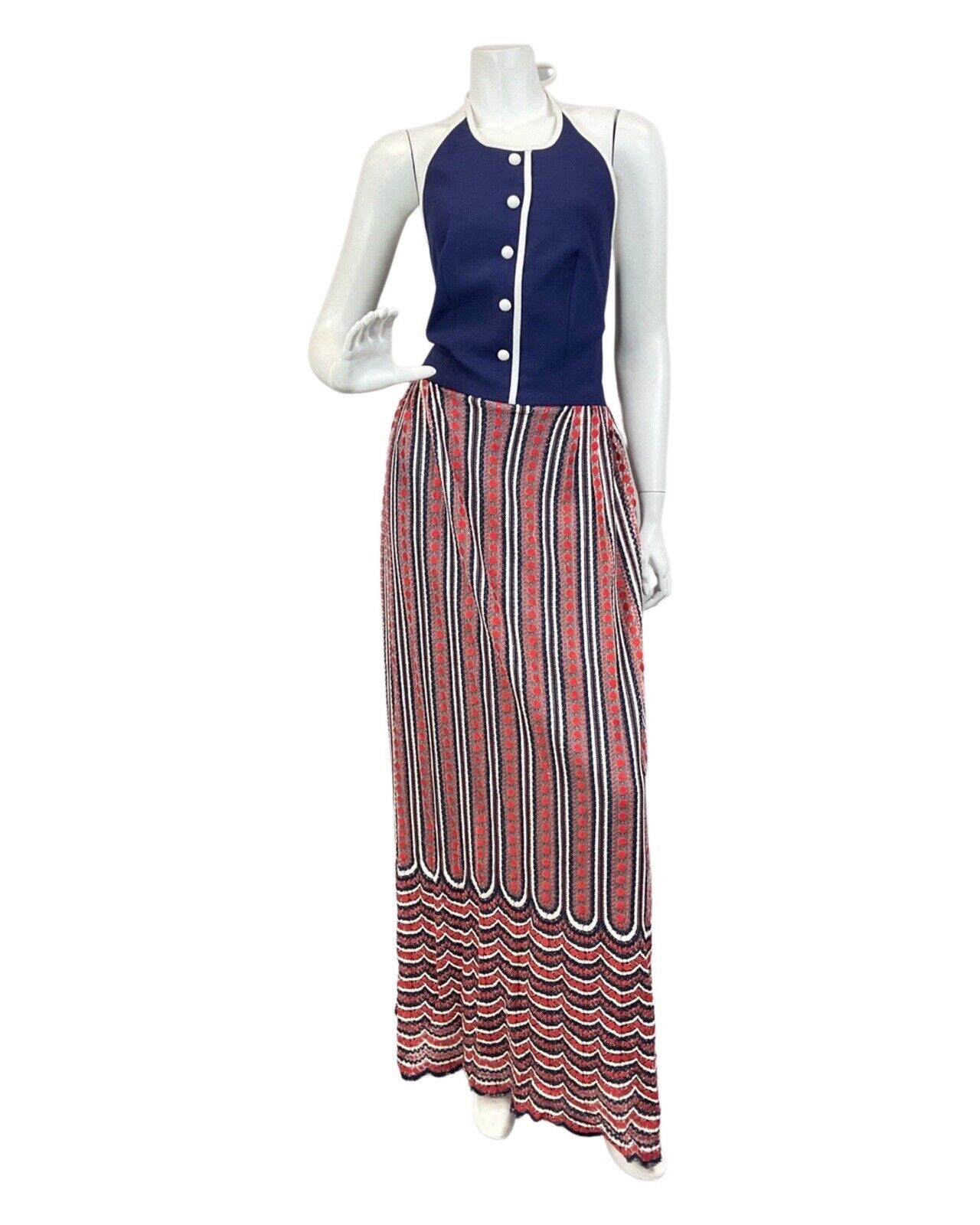 VINTAGE 60s 70s BLUE RED WHITE STRIPED DOTTY KNITTED MOD HALTER MAXI DRESS 8 10