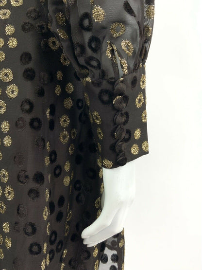 VINTAGE 60s 70s BROWN GOLD GLITTER VELVET POLKA DOT SHEER GLAM PARTY DRESS 14 16