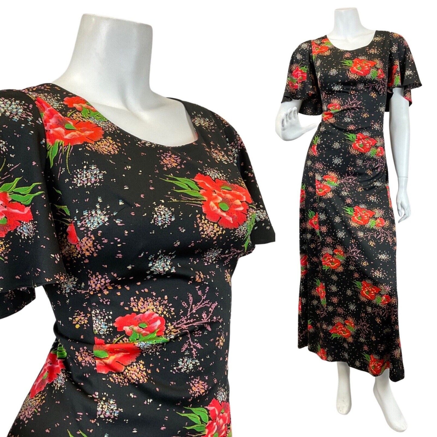 VINTAGE 60s 70s BLACK RED GREEN POPPY FLOWER DOTTY MAXI DRESS 14 16