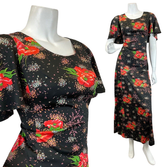 VINTAGE 60s 70s BLACK RED GREEN POPPY FLOWER DOTTY MAXI DRESS 14 16