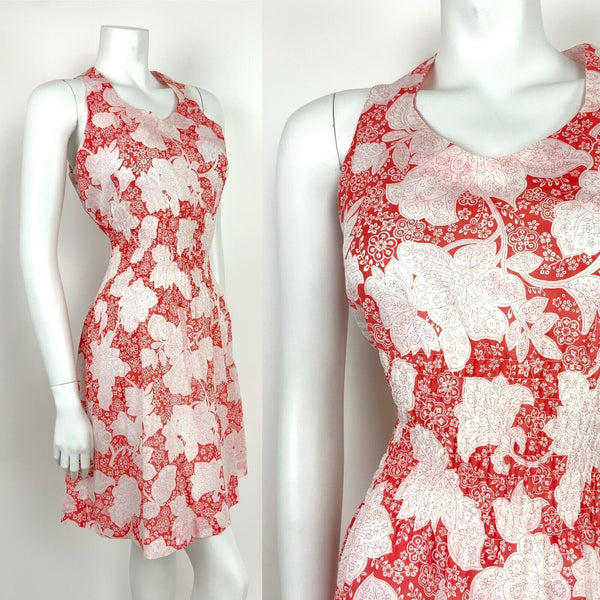 VINTAGE 60s 70s RED WHITE FLORAL DITSY PAISLEY RUCHED SUMMER DRESS 8 10