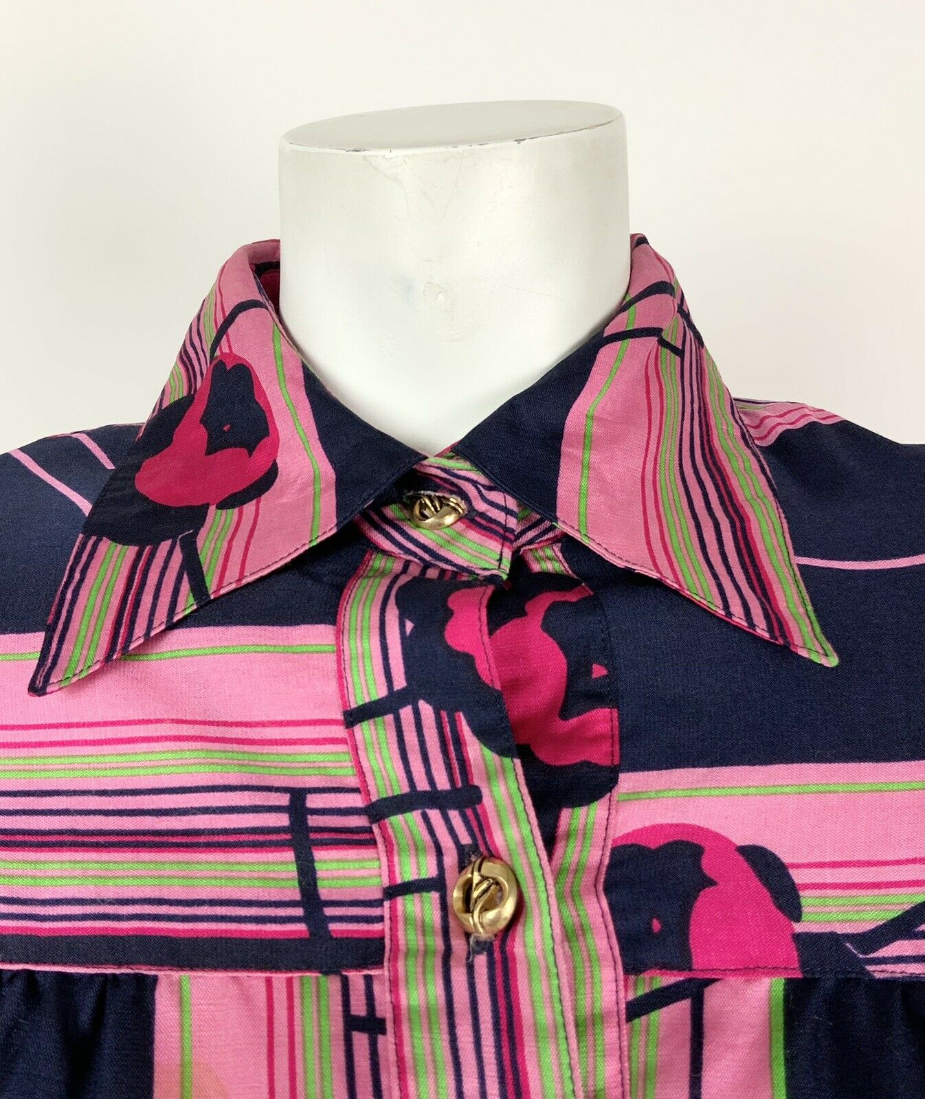 VINTAGE 60s 70s NAVY BLUE PINK GREEN STRIPED FLORAL DAGGER SHIRT DRESS 10 12