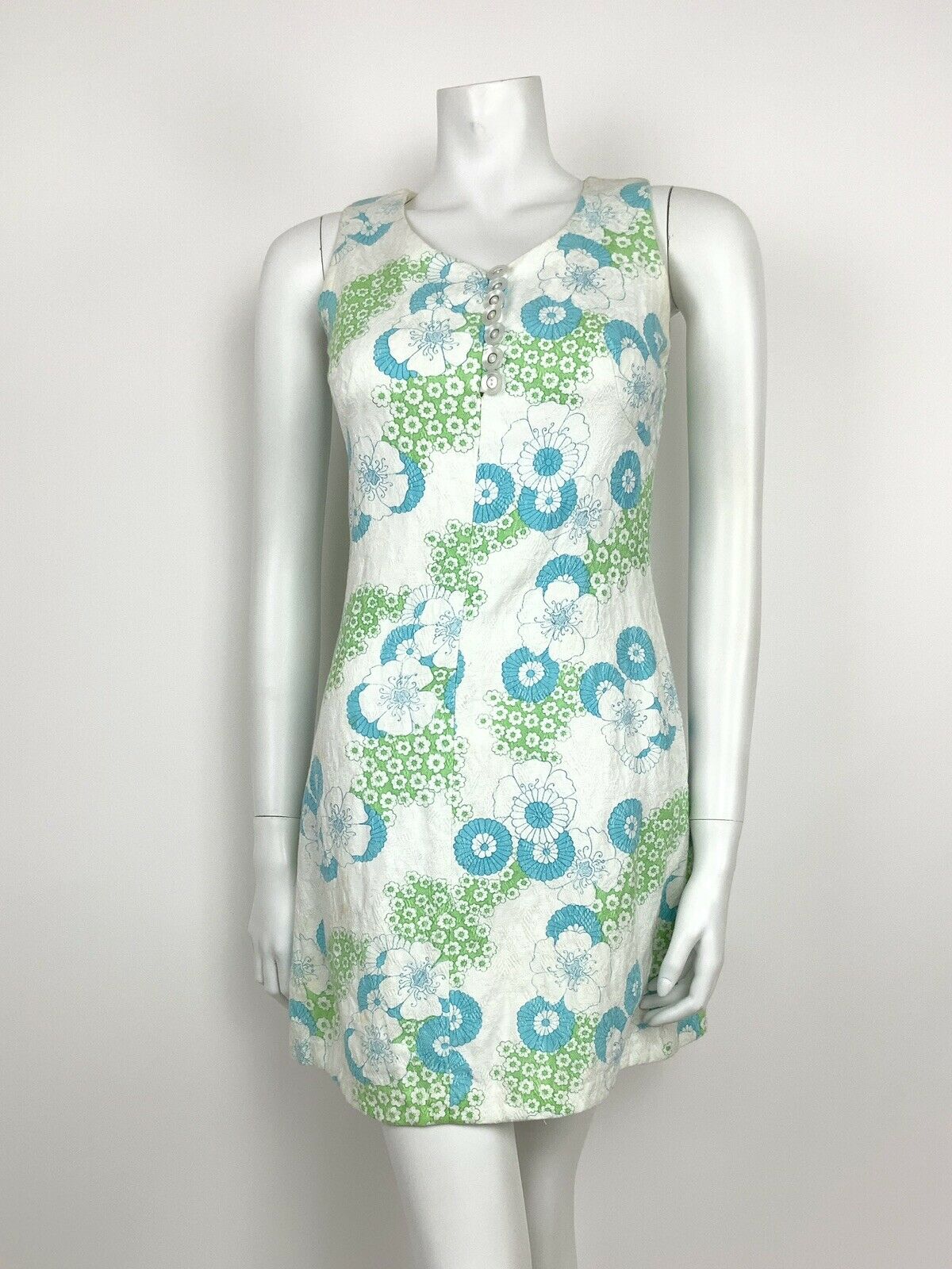 VTG 60s 70s WHITE BLUE GREEN EMBOSSED PSYCHEDELIC FLORAL SUMMER MINI DRESS 6 8