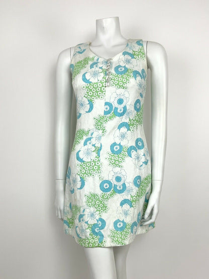 VTG 60s 70s WHITE BLUE GREEN EMBOSSED PSYCHEDELIC FLORAL SUMMER MINI DRESS 6 8