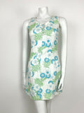 VTG 60s 70s WHITE BLUE GREEN EMBOSSED PSYCHEDELIC FLORAL SUMMER MINI DRESS 6 8