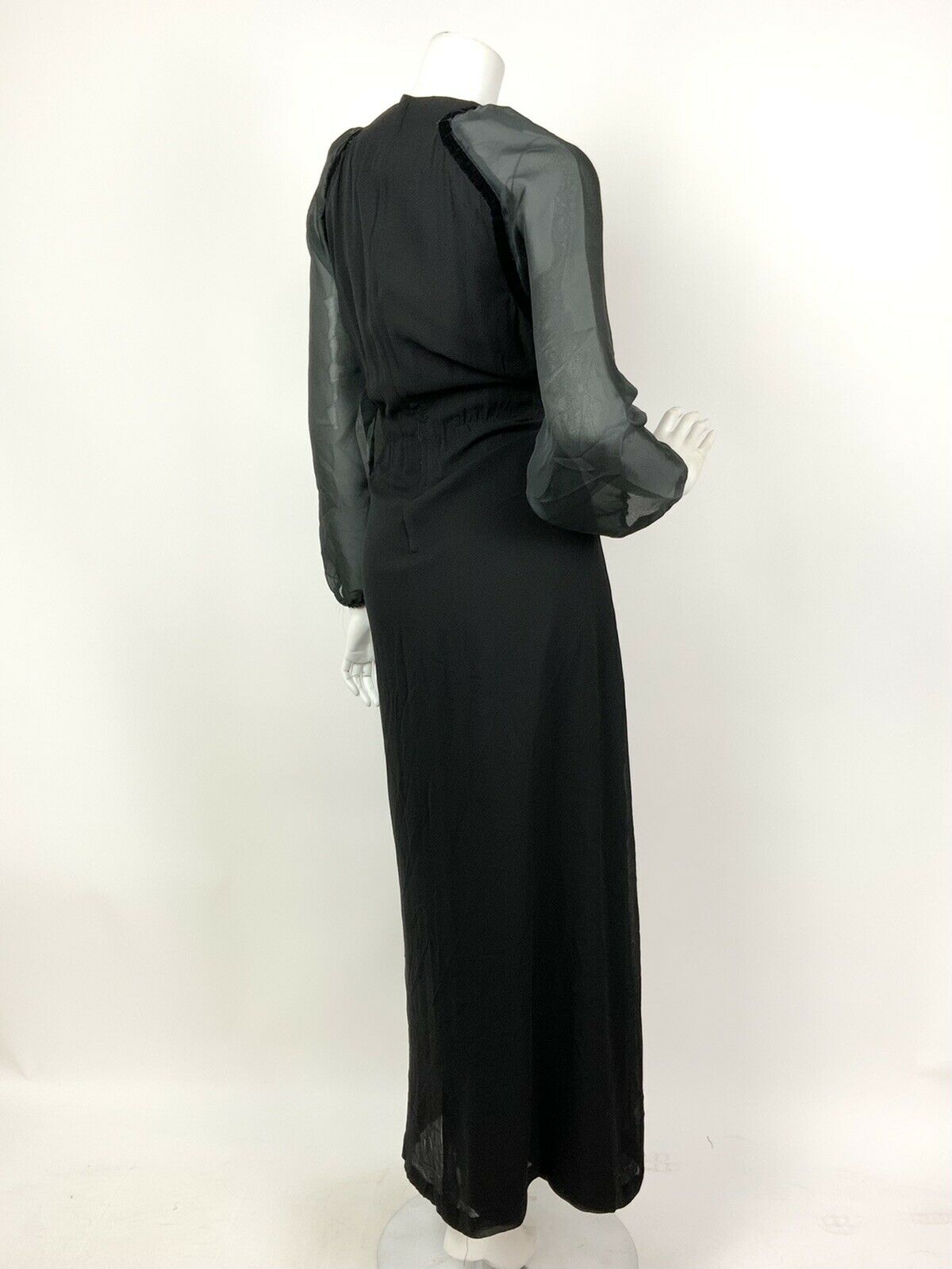 VINTAGE 60s 70s BLACK SHEER PUFF SLEEVE PARTY MAXI DRESS 8 10