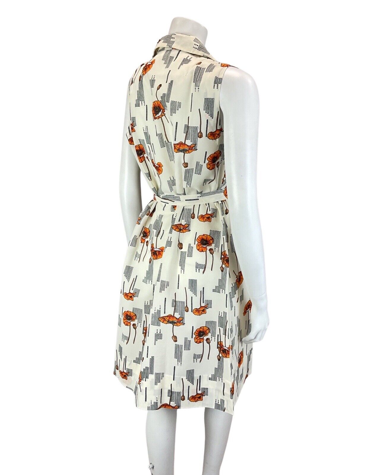 VINTAGE 60s 70s CREAM RED BLACK POPPY FLOWER SLEEVELESS MIDI SHIRT DRESS 14 16