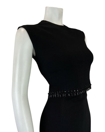 VINTAGE 60s 70s BLACK SEQUIN BEADED GLAM PARTY SLEEVELESS WIGGLE DRESS 8