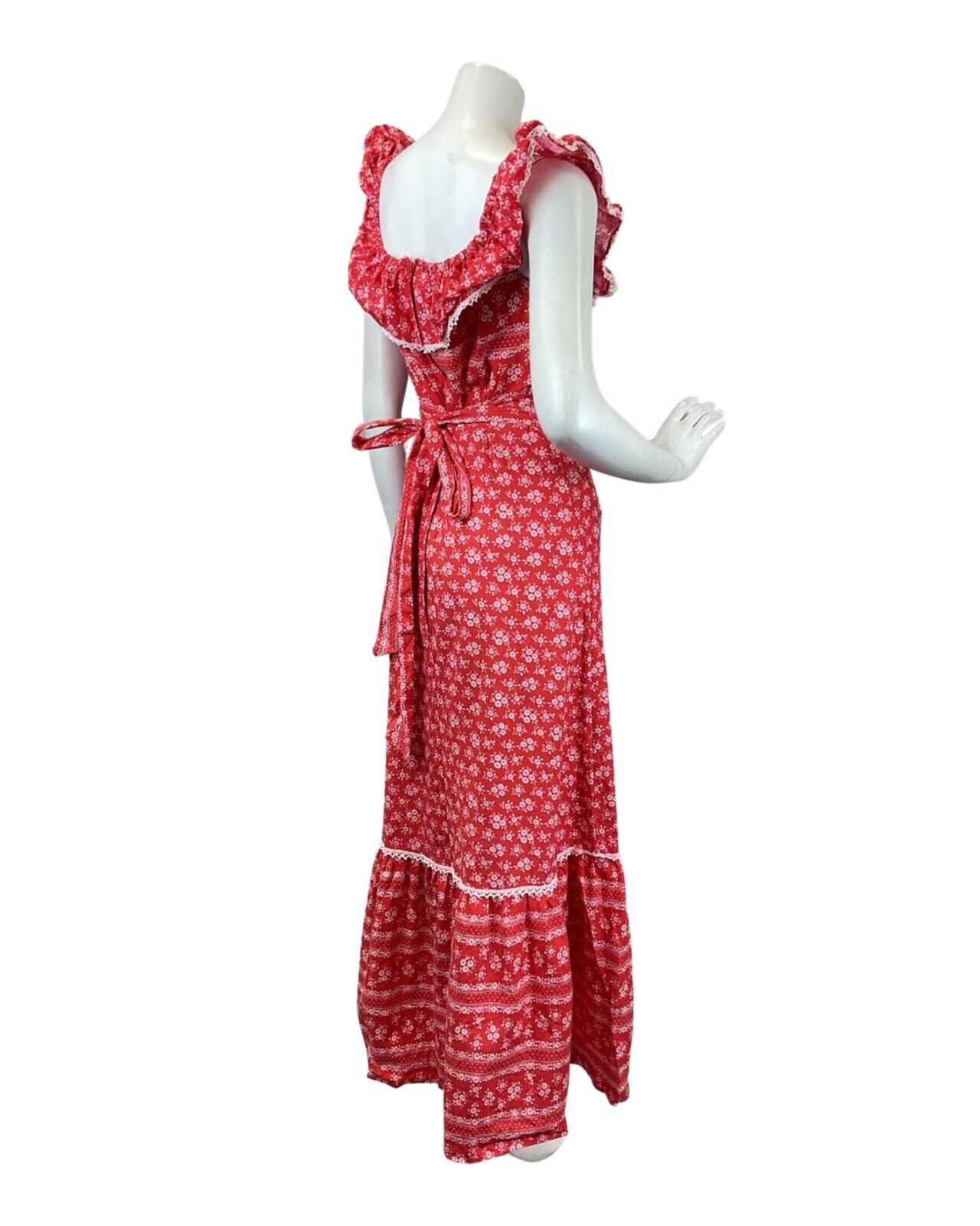 VINTAGE 60s 70s RED WHITE FLORAL CROCHETED PRAIRIE BOHO BARDOT MAXI DRESS 8 10