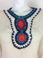 VTG 70s CREAM RED BLUE ORANGE PINK BOHO HIPPY ETHNIC CROCHET BLOUSE TOP 10 12 14