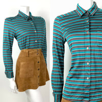 VINTAGE 70s STYLE 90s GREEN GREY RED WHITE STRIPED MOD SHIRT 10