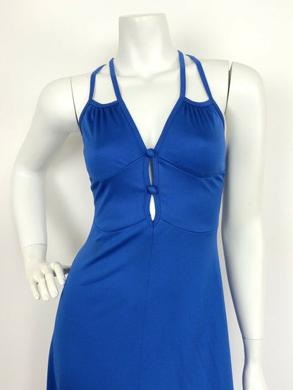 VINTAGE 60s 70s COBALT BLUE SPAGHETTI STRAP CROSS HATCH ELEGANT MAXI DRESS 6