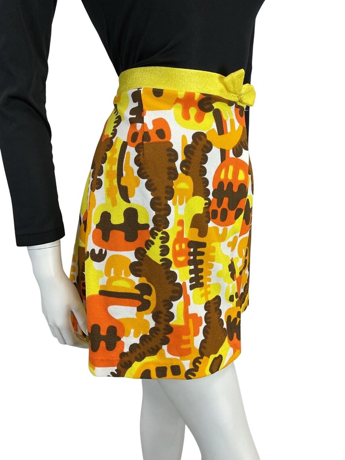 VINTAGE 60s 70s YELLOW ORANGE BROWN WHITE PSYCHEDELIC AUTUMNAL MINI SKIRT 10