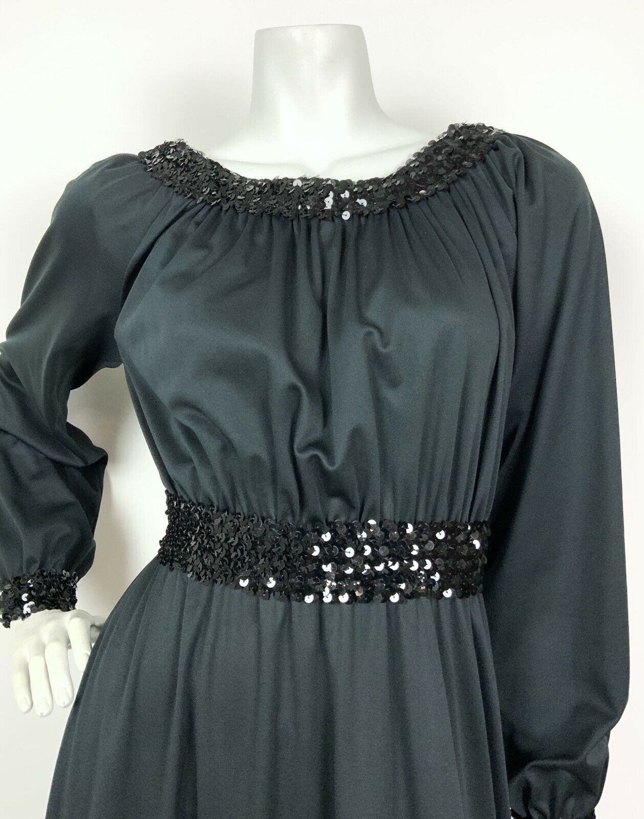 VINTAGE 60s 70s BLACK SEQUINNED RUCHED DISCO GLAM MAXI DRESS 8 10 12