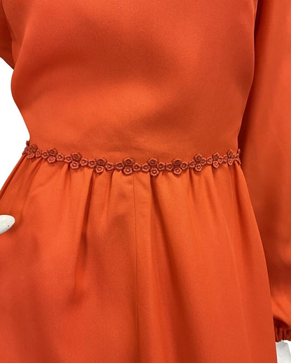 VINTAGE 60s 70s ORANGE FLORAL EMBROIDERY BALLOON SLEEVE BOHO MAXI DRESS 10 12