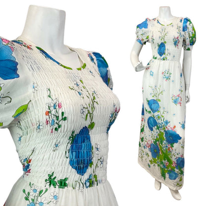 VINTAGE 60s 70s WHITE BLUE GREEN DAISY POPPY FLORAL BOHO PRAIRIE MAXI DRESS 8