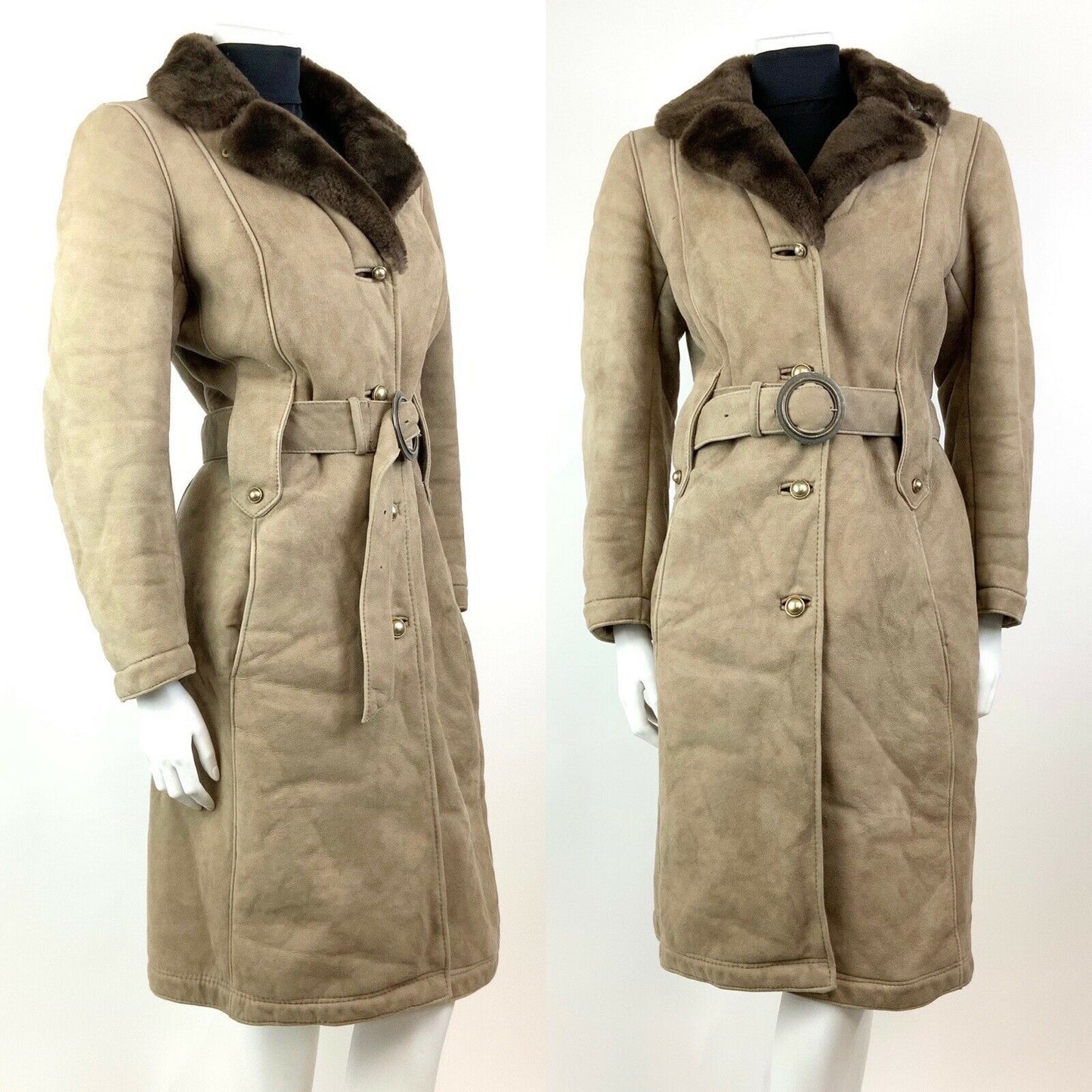 VTG 60s 70s SOFT BROWN SUEDE LEATHER SHEARLING BELTED BOHO MID-LENGTH COAT 12