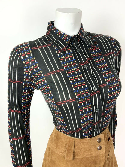 VINTAGE 60s 70s DARK BLUE RED WHITE GEOMETRIC STRIPE FLORAL DAGGER SHIRT 10 12