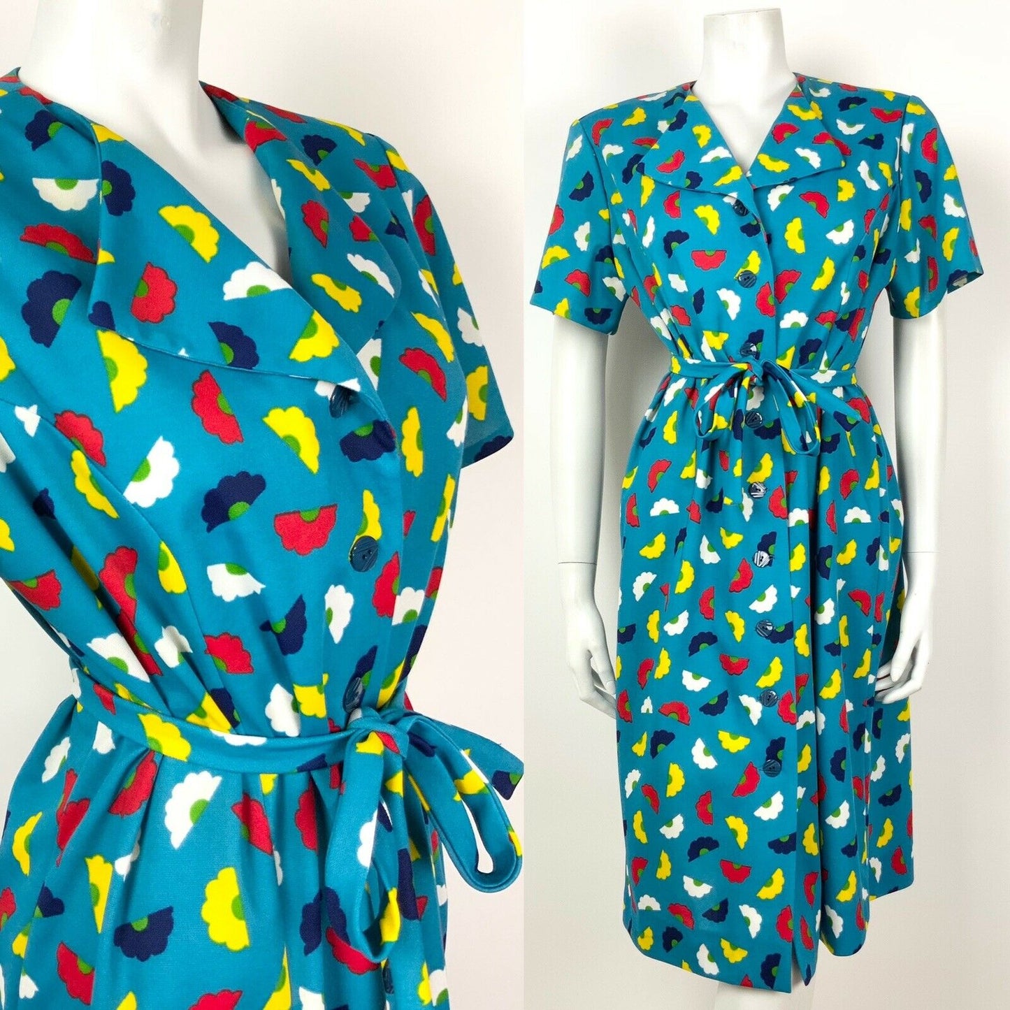 VINTAGE 70s 80s BLUE YELLOW RED WHITE FLORAL DAISY BELTED SHIFT DRESS 14 16