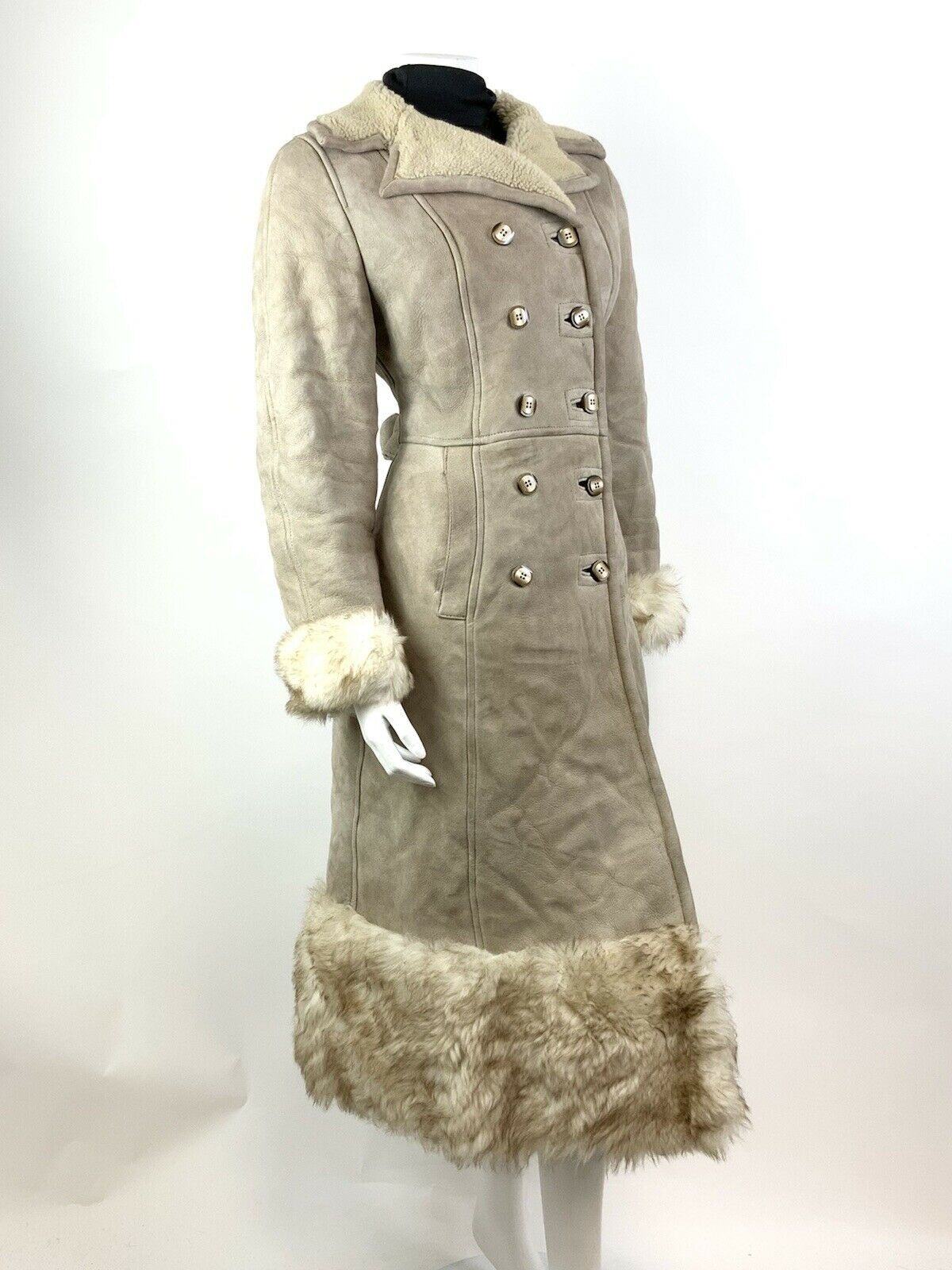 VINTAGE 60s 70s BEIGE CREAM DOUBLE-BREASTED SHEARLING PENNY LANE BOHO COAT 8 10