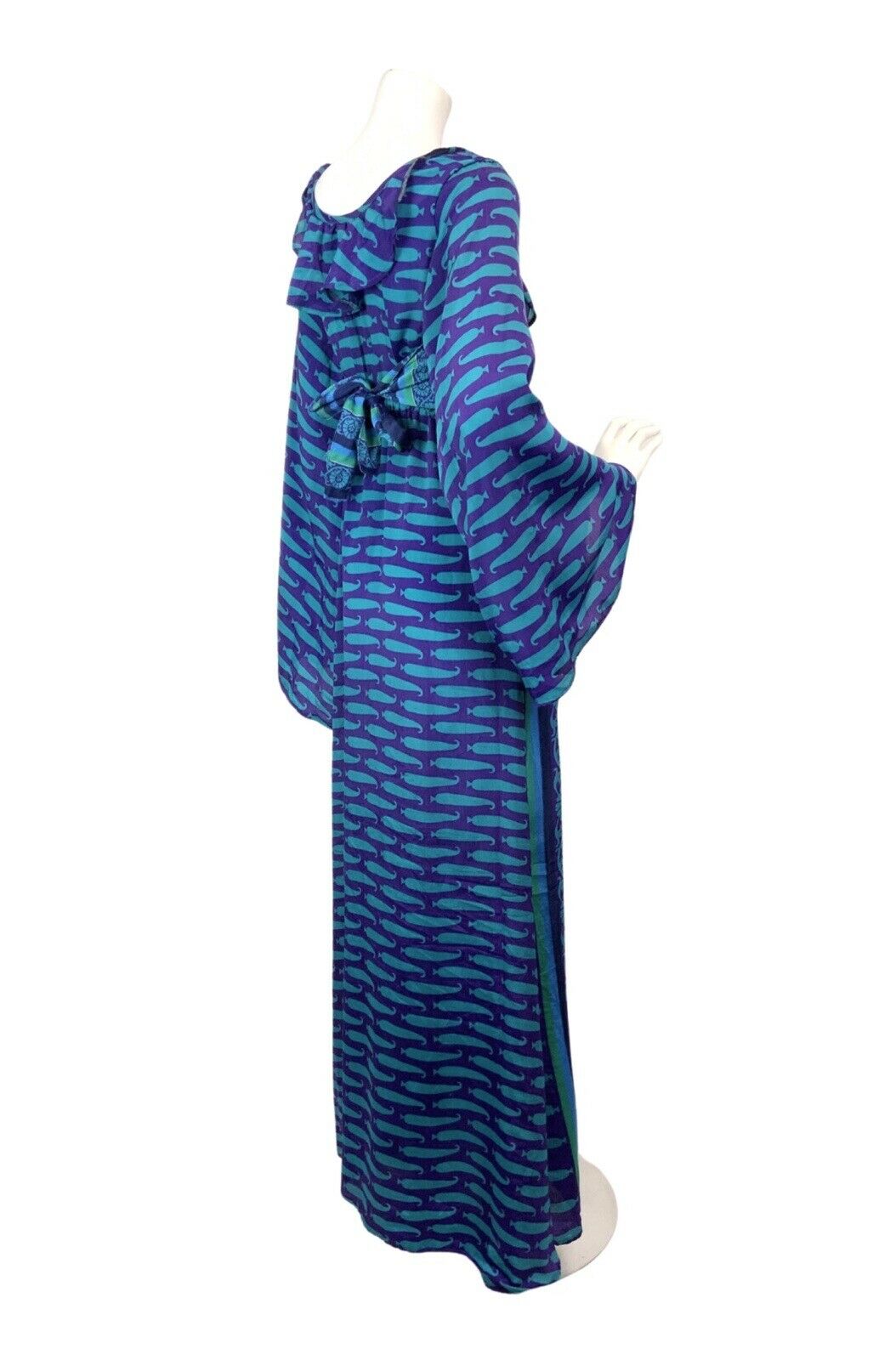 VINTAGE PURPLE BLUE PSYCHEDELIC FLORAL ANGEL SLEEVE SILK MAXI DRESS 8 10