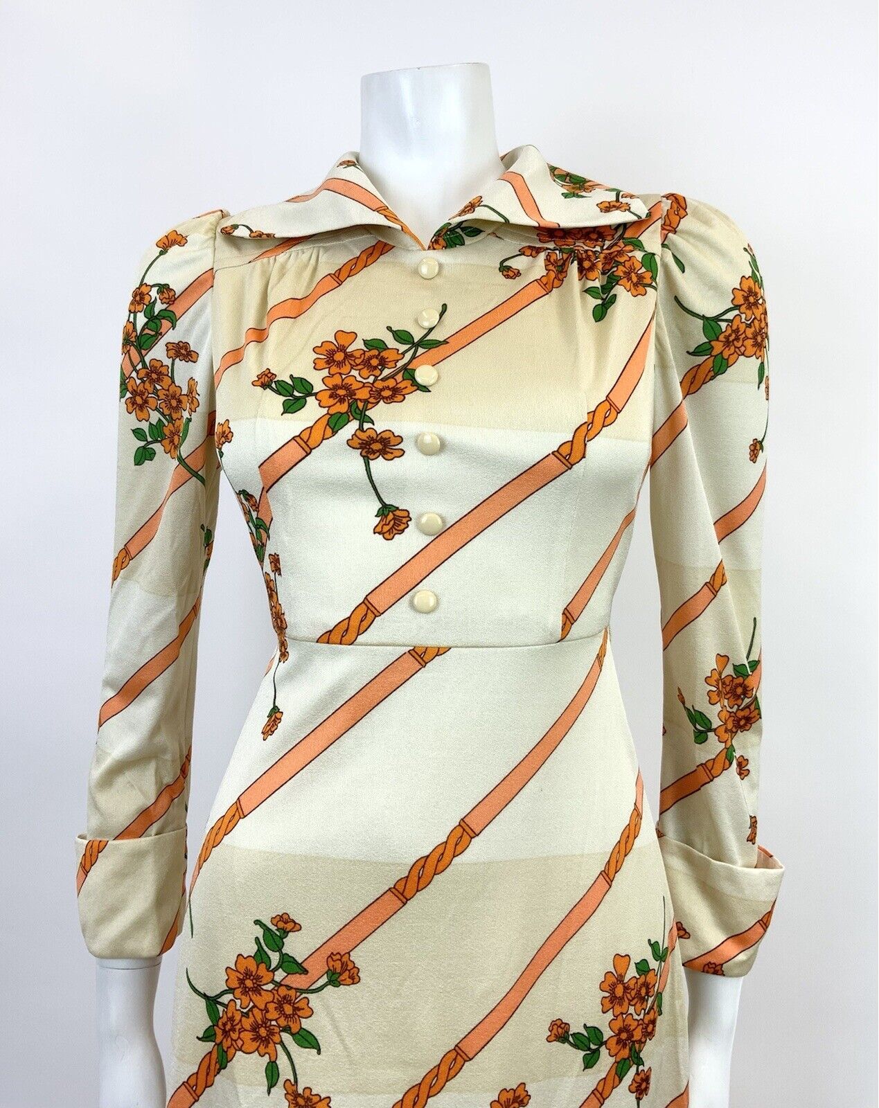 VINTAGE 60s 70s CREAM GOLD ORANGE STRIPED FLORAL ELEGANT WING COLLAR DRESS 8