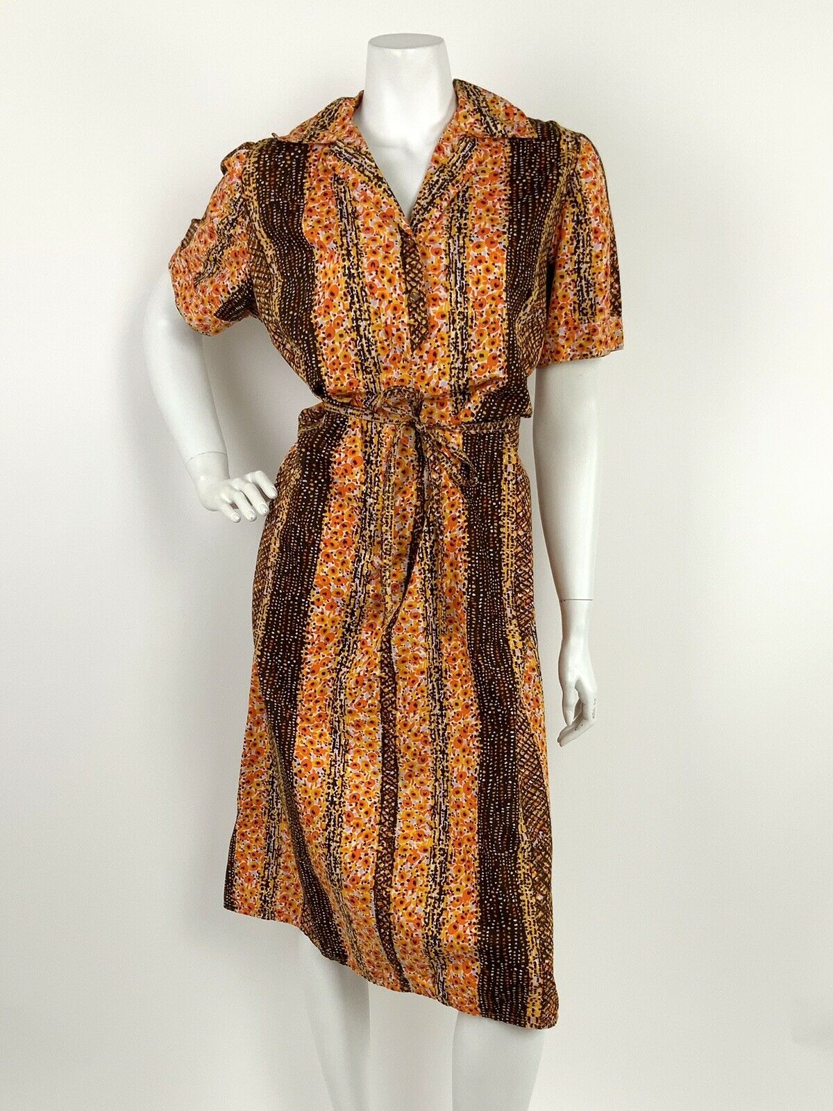 VINTAGE 60s 70s BROWN YELLOW ORANGE LILAC ABSTRACT STRIPED SHIRT DRESS 10 12 14