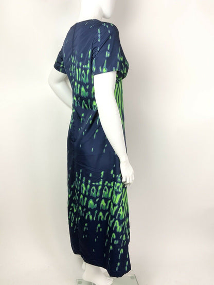 VINTAGE 60s 70s NAVY BLUE NEON LIME GREEN PSYCHEDELIC STRIPED MAXI DRESS 16 18