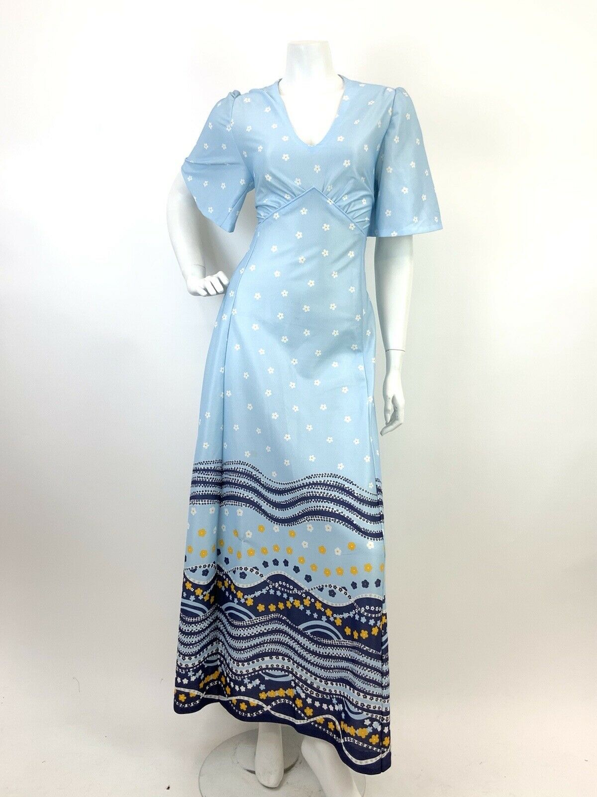 VTG 60s 70s BABY BLUE NAVY WHITE YELLOW WAVY DAISY FLORAL MOD MAXI DRESS 12 14