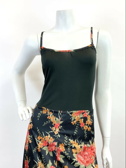 VINTAGE 60s 70s BLACK RED GREEN FLORAL SPAGHETTI STRAP SUMMER MAXI DRESS 10