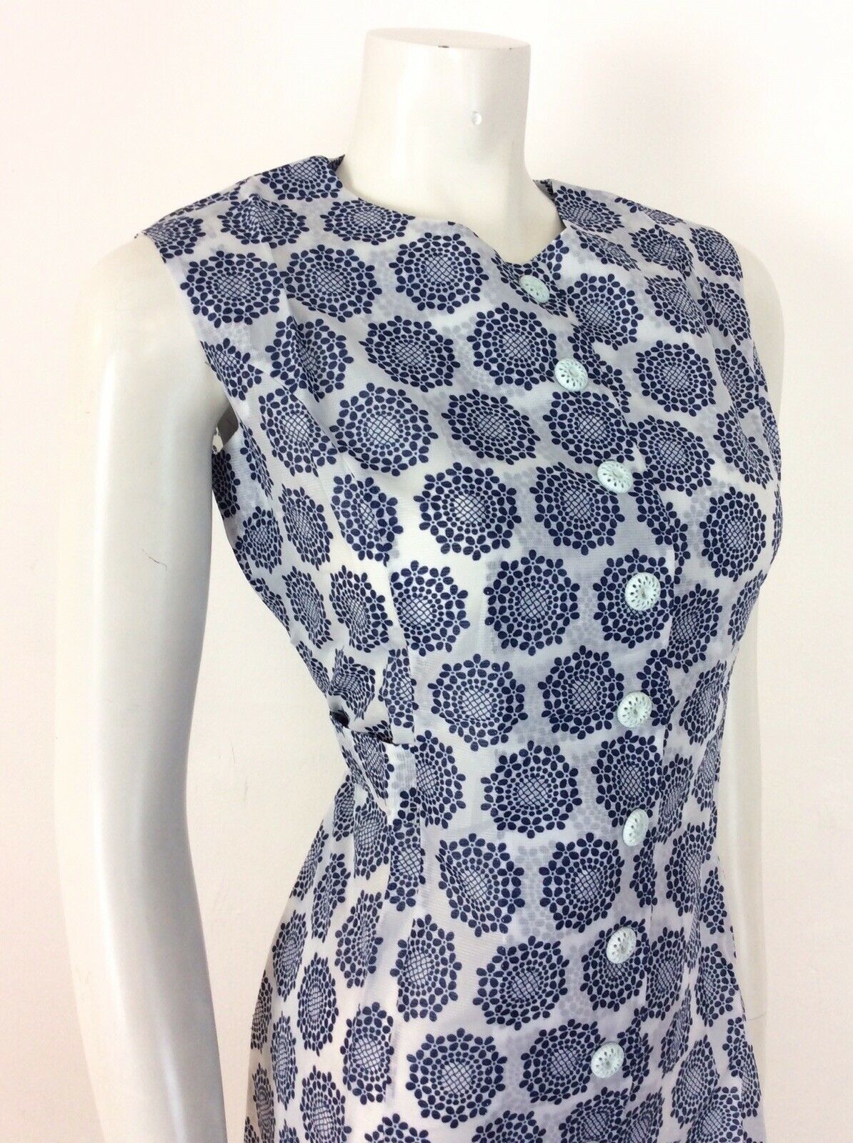 VTG 60S 70S BLUE WHITE FLOWER GEOMETRIC PRINT BUTTON UP DRESS 12