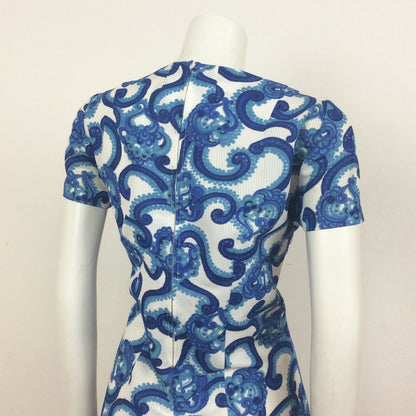 60S VINTAGE BLUE TURQUOISE WHITE PAISLEY PATTERN DRESS 12