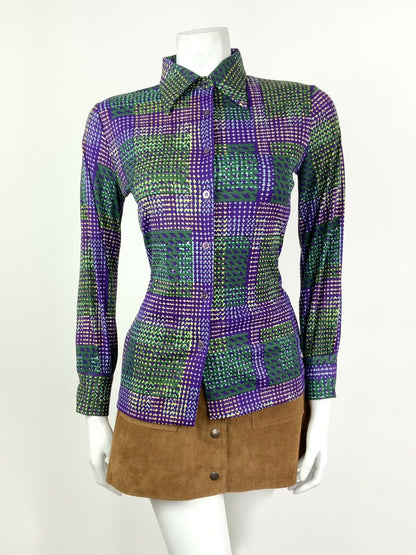 VINTAGE 60s 70s PURPLE GREEN YELLOW WHITE CHECKERED PLAID DAGGER SHIRT 8 10