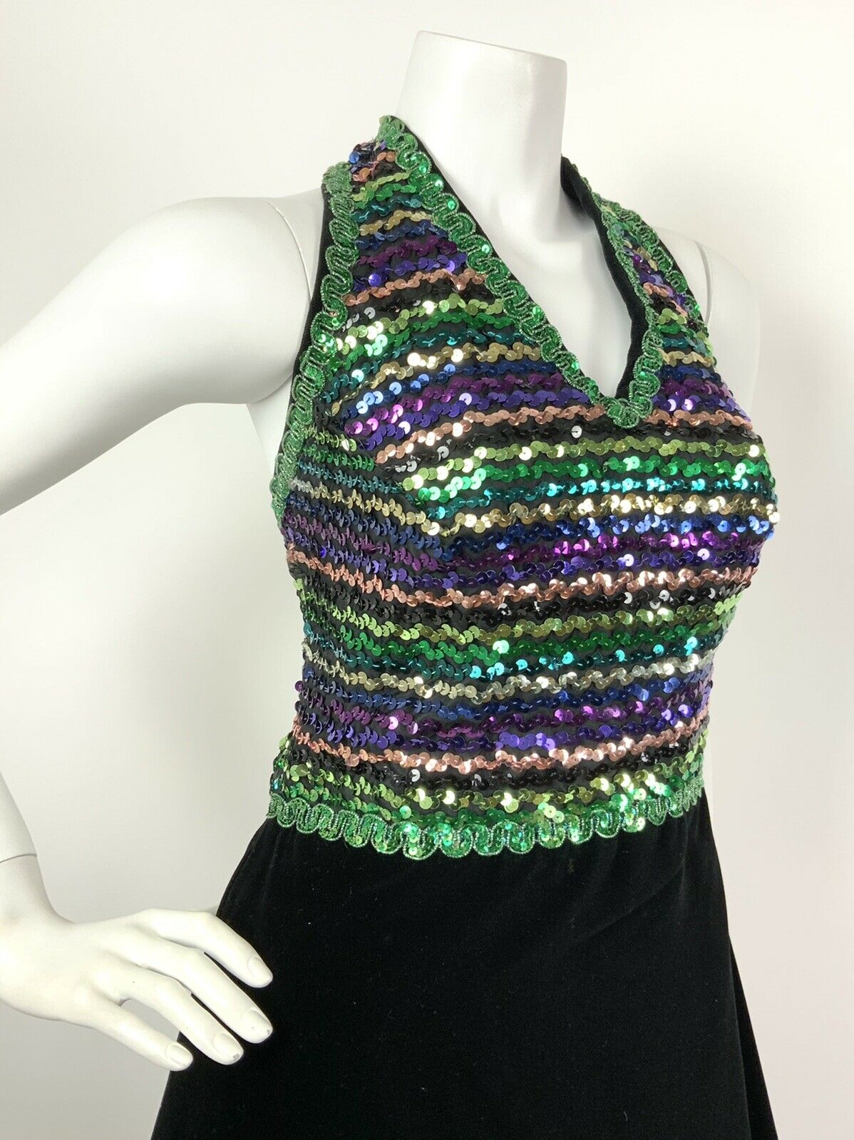 VTG 60s 70s BLACK VELVET GREEN PURPLE GOLD SEQUIN DISCO HALTER MAXI DRESS 10 12