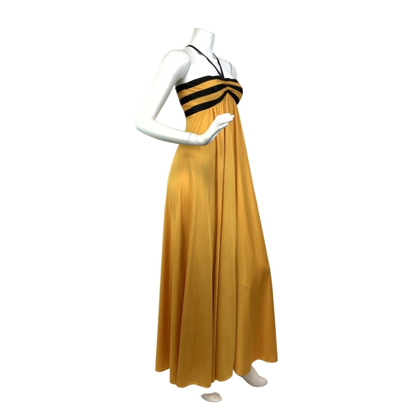 VINTAGE 60s 70s YELLOW BLACK STRIPED EMPIRE LINE MOD STRAPPY MAXI DRESS 6