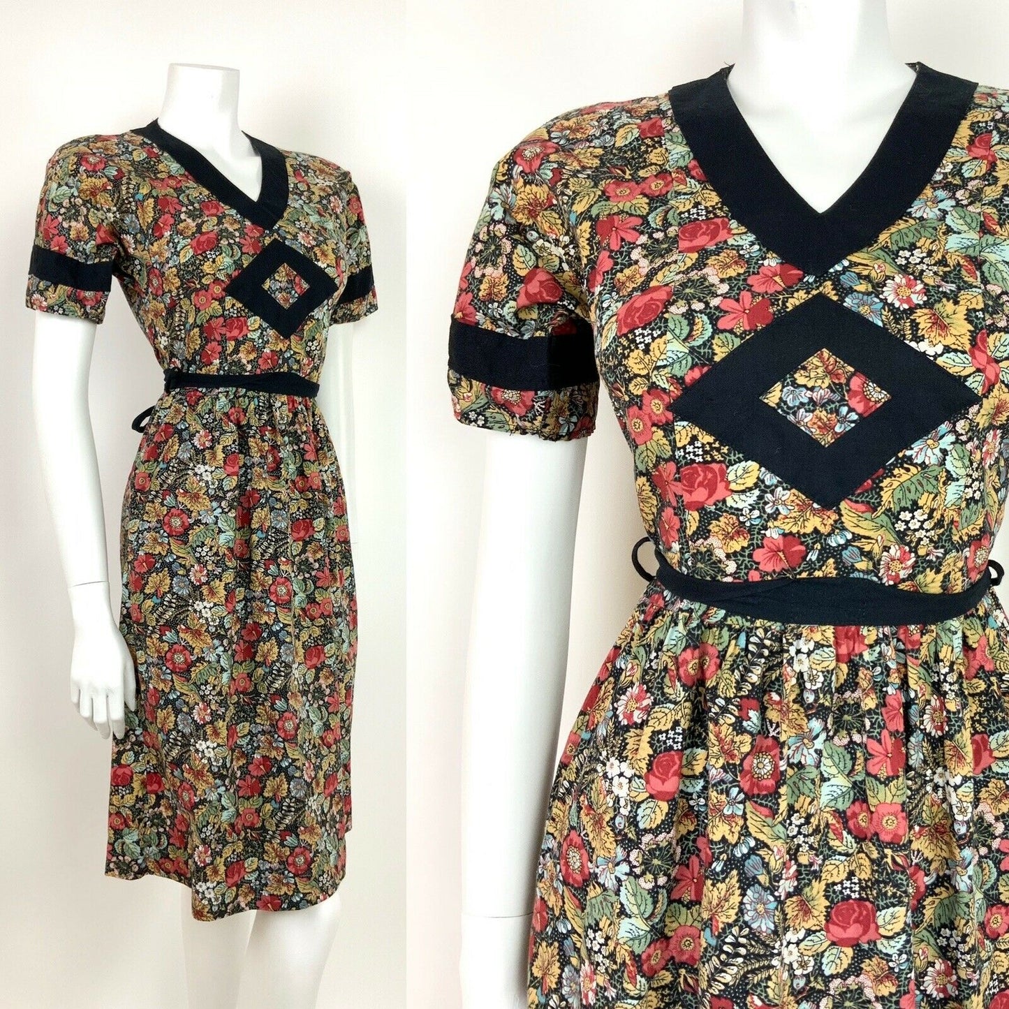 VTG 60s 70s FOLK BLACK RED BLUE YELLOW FLORAL LEAF DITSY DRESS 10 12