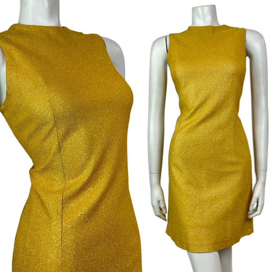 VINTAGE 60s 70s GOLD YELLOW GLITTER LUREX DISCO GLAM PARTY SLEEVELESS DRESS 10