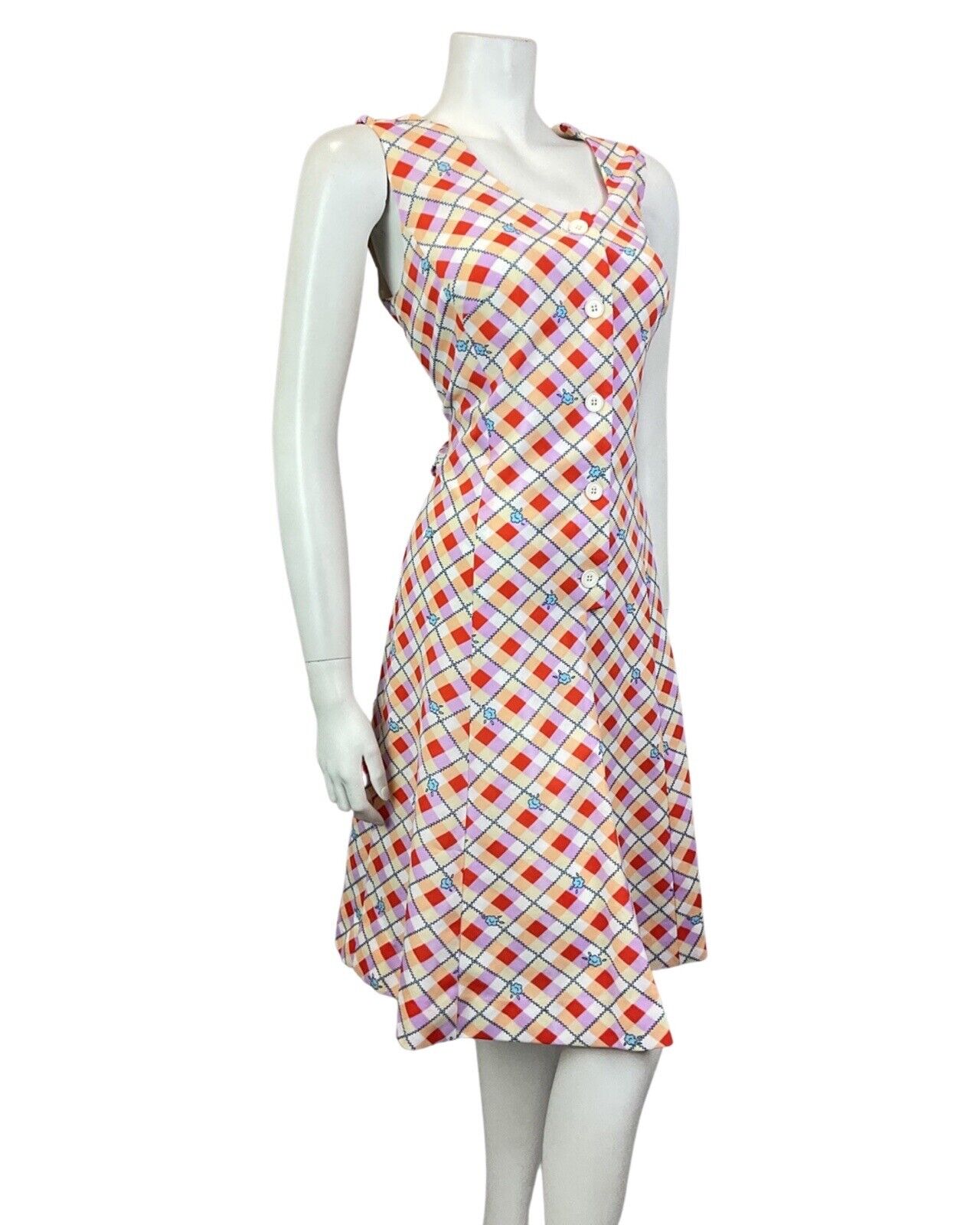 VINTAGE 60s 70s CREAM RED LILAC CHECKED FLORAL GEOMETRIC PIXEL MIDI DRESS 12 14