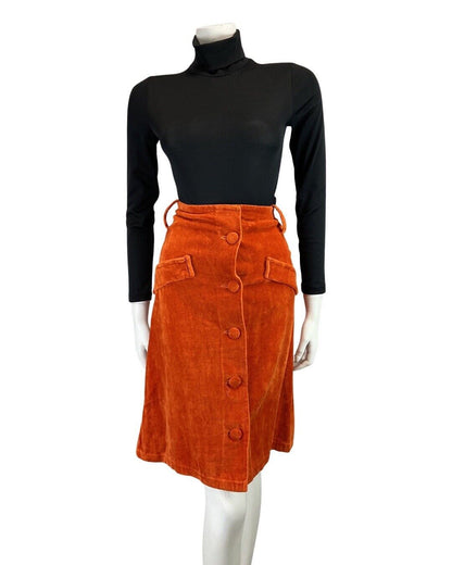 VINTAGE 60s 70s ORANGE VELVET TOWELLING MOD KNEE-LENGTH SKIRT 8