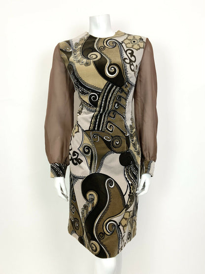 VINTAGE 60s 70s BROWN CREAM BLACK GEOMETRIC AZTEC VELVET PARTY MOD DRESS 14 16