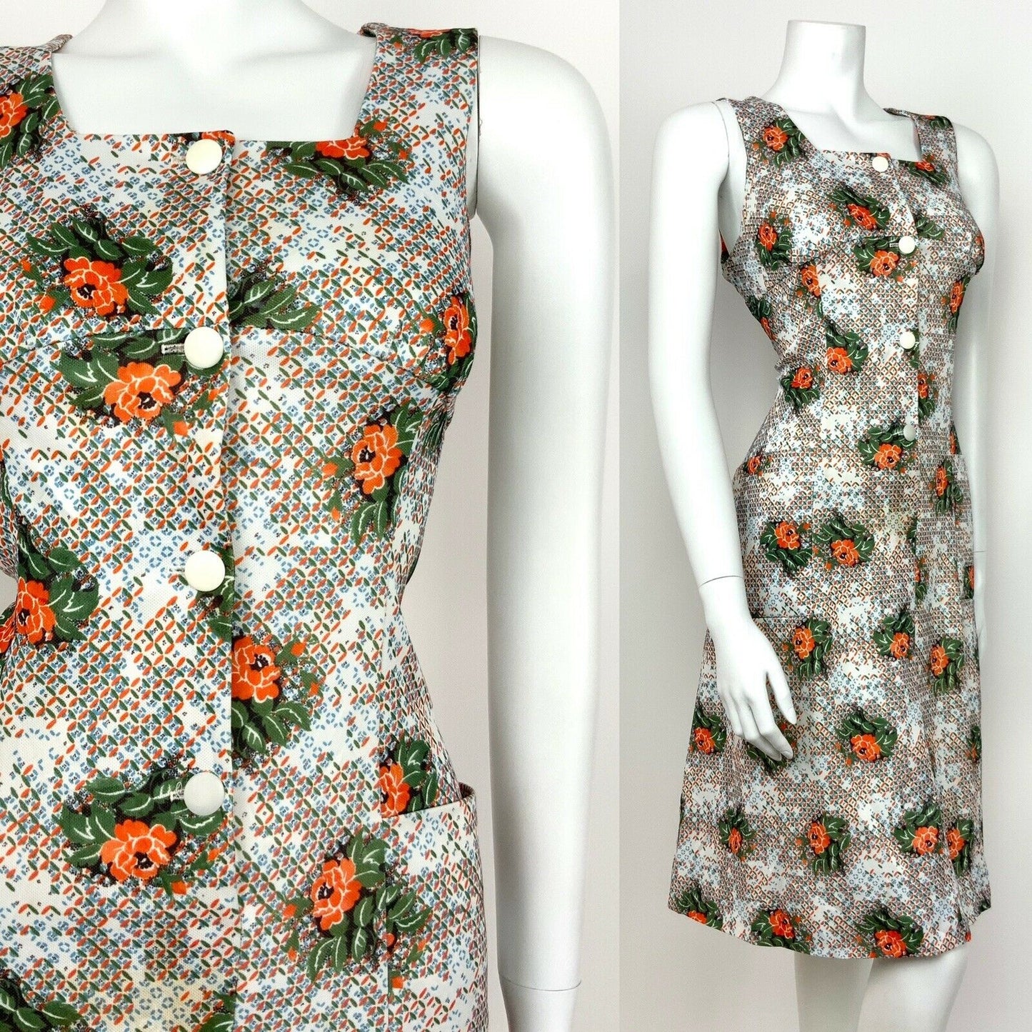 VTG 60s 70s ABSTRACT FLORAL WHITE GREEN ORANGE BLUE EMPIRE DRESS 12