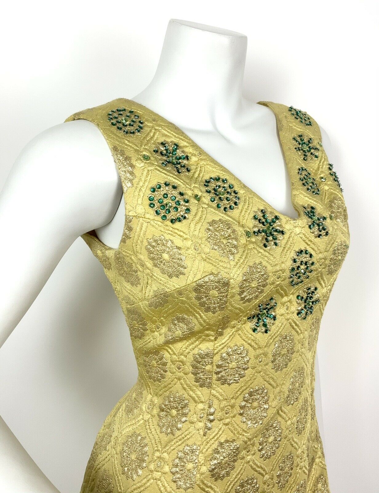 VINTAGE 60s 70s YELLOW GOLD GREEN FLORAL QUILTED STAR BEADED MAXI DRESS 8 10