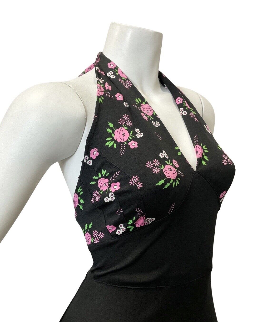 VINTAGE 60s 70s BLACK PINK GREEN FLOWER DAISY ROSE MOD HALTER MAXI DRESS 10