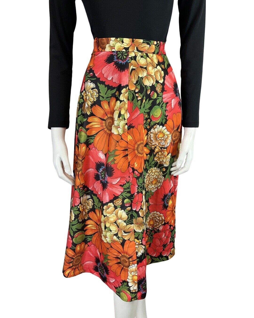 VINTAGE 60s 70s ORANGE PINK GREEN PSYCHEDELIC FLORAL POPPY SWING SKIRT 10